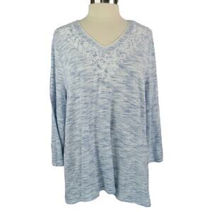 Chico's Sz 2 High-Low Blouse Top V-neck Embroidered Trim Blue Reg Sz Large